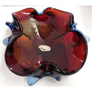 Venetian Murano Glass Pinched Decorative Bowl Cigar Ashtray Amberina Red Blue